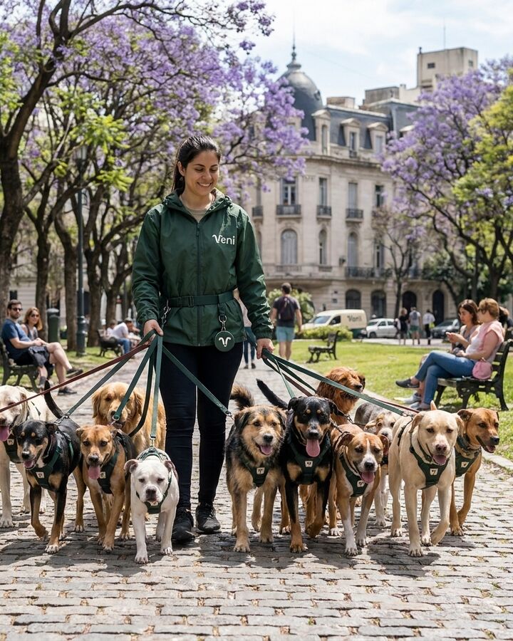 Paseadora de Veni con un grupo de perros en un parque de Buenos Aires