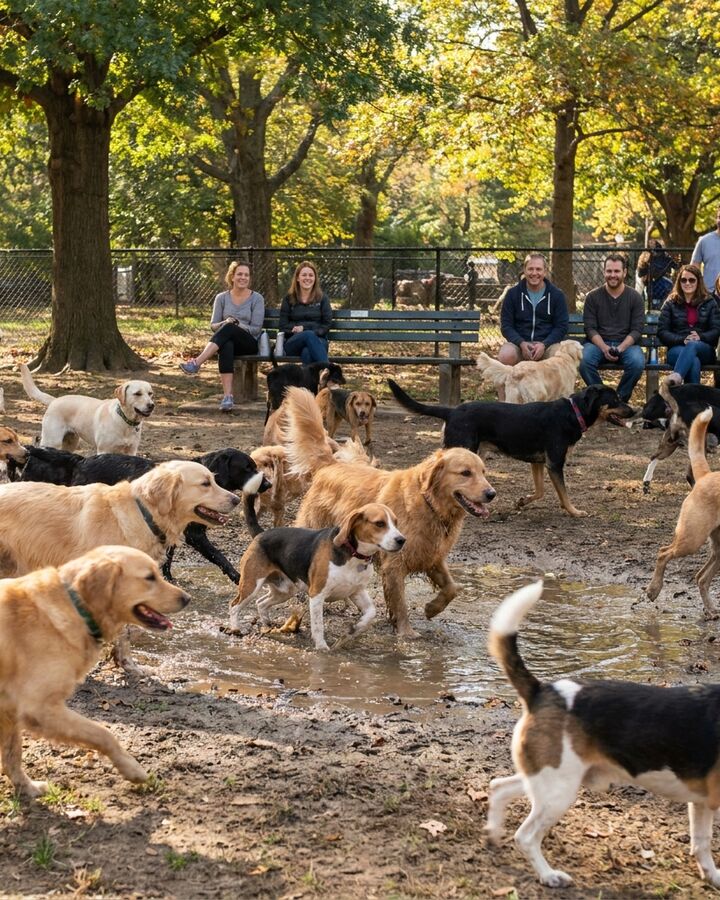 Perros jugando en un parque mientras sus dueños siguen con el día