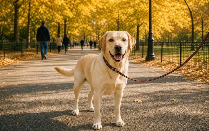 Labrador contento después del paseo en el parque
